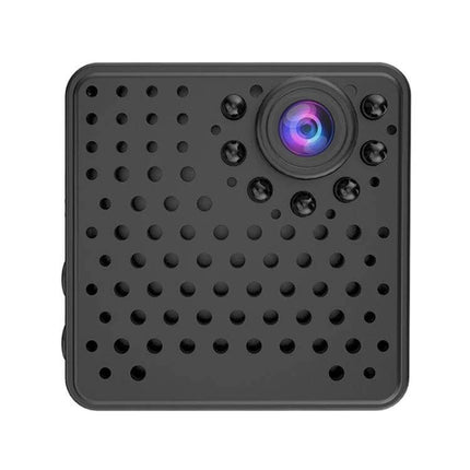 Versatile Mini Security Camera for Indoor Monitoring with Wide View compact black cube camera with wide-angle lens and perforated front panel