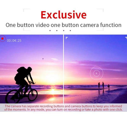 Versatile Mini Security Camera for Indoor Monitoring with Wide View - one button video capture showing sunset beach silhouette and split-screen demo