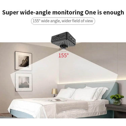 Versatile Mini Security Camera for Indoor Monitoring with Wide View installed on ceiling showing 155° wide-angle coverage over a bedroom