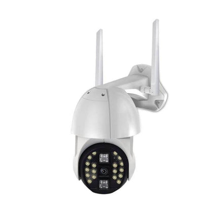 Wireless Outdoor WiFi Security Camera with Night Vision Detection mounted on wall showing dual antennas, IR LEDs and PTZ housing for remote monitoring