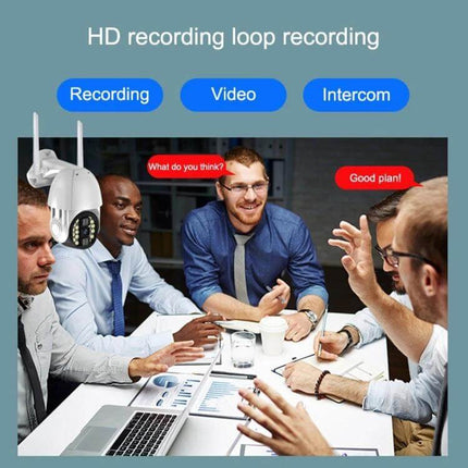Wireless Outdoor WiFi Security Camera with Night Vision Detection monitoring a team meeting table with live mobile app access and motion detection
