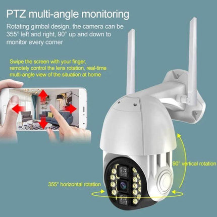 Wireless Outdoor WiFi Security Camera with Night Vision Detection showing PTZ multi-angle monitoring, 355° horizontal and 90° vertical rotation and mobile app control