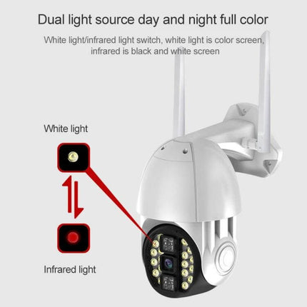 Wireless Outdoor WiFi Security Camera with Night Vision Detection showing dual white and infrared lights for full-color day and night surveillance