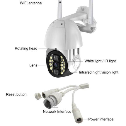 Wireless Outdoor WiFi Security Camera with Night Vision Detection - white rotating outdoor camera with IR lights, WiFi antenna, network and power interfaces