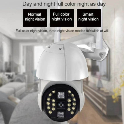 Wireless Outdoor WiFi Security Camera with Night Vision Detection showing outdoor wall-mounted camera with multiple night vision LEDs and three night vision modes