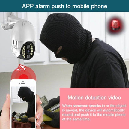 Wireless Outdoor WiFi Security Camera with Night Vision Detection capturing masked intruder via app motion alert