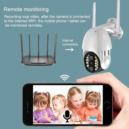 Wireless Outdoor WiFi Security Camera with Night Vision Detection showing outdoor PTZ camera, WiFi router, and mobile live feed monitoring