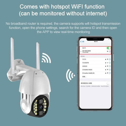 Wireless Outdoor WiFi Security Camera with Night Vision Detection showing camera with hotspot WiFi and mobile app live feed