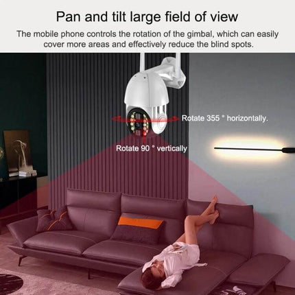 Wireless Outdoor WiFi Security Camera with Night Vision Detection showing 355° pan and 90° tilt covering a living room