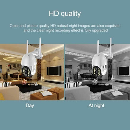Wireless Outdoor WiFi Security Camera with Night Vision Detection showing day and night HD quality surveillance views