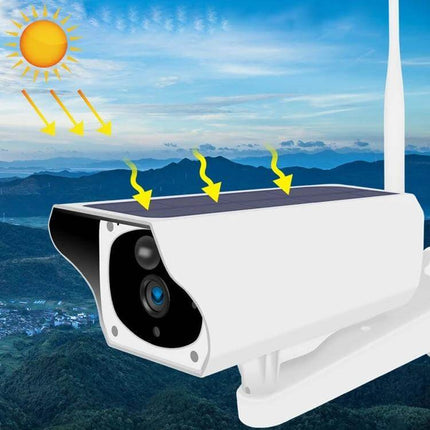 Outdoor Solar Powered WiFi Security Camera for Home Surveillance mounted outdoors with solar panel absorbing sunlight and WiFi antenna