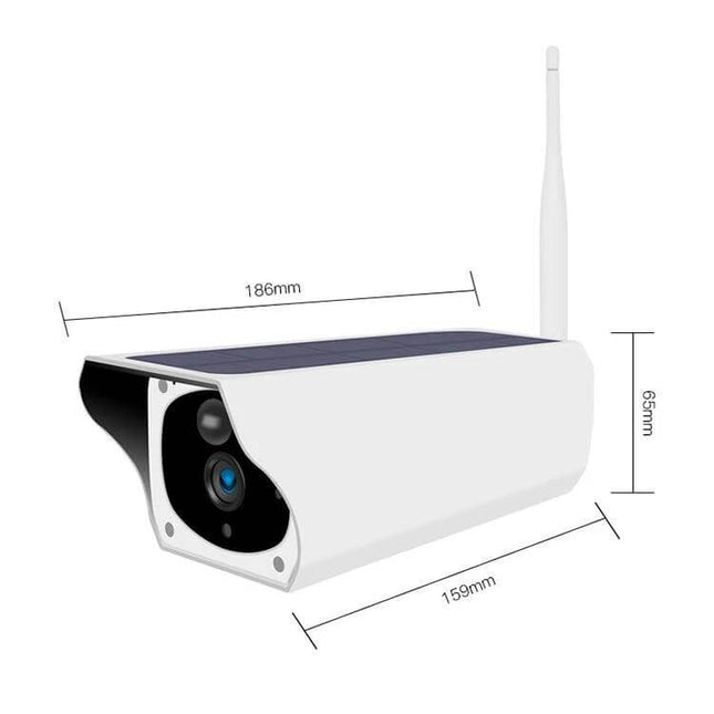 Outdoor Solar Powered WiFi Security Camera for Home Surveillance showing white wireless solar-panel camera with antenna, dimensions and lens visible