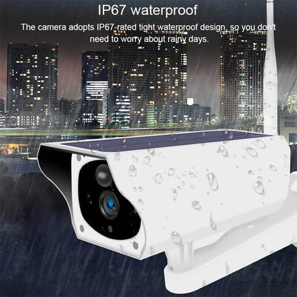 Outdoor Solar Powered WiFi Security Camera for Home Surveillance showing waterproof solar-powered outdoor camera in rain monitoring driveway and garden
