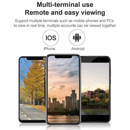 Outdoor Solar Powered WiFi Security Camera for Home Surveillance showing multi-terminal mobile app viewing on iOS and Android phones