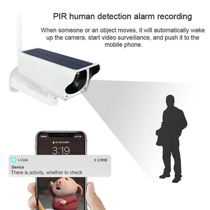 Outdoor Solar Powered WiFi Security Camera for Home Surveillance showing solar camera, PIR motion detection alert on mobile phone