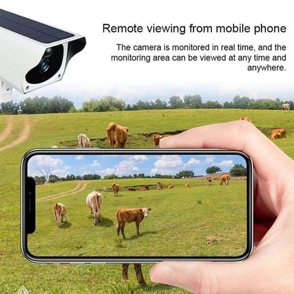 Outdoor Solar Powered WiFi Security Camera for Home Surveillance showing mobile live feed of cows in a field with solar camera in corner