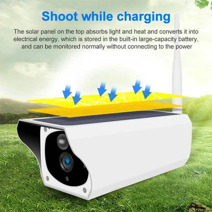 Outdoor Solar Powered WiFi Security Camera for Home Surveillance showing solar panel charging while shooting, wireless outdoor camera monitoring driveway and garden
