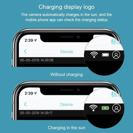 Outdoor Solar Powered WiFi Security Camera for Home Surveillance charging status shown on mobile app, solar charging vs not charging