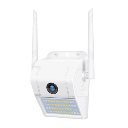 Wireless Waterproof IP Camera for Home Monitoring and Night Vision mounted outdoors with dual antennas and LED light panel