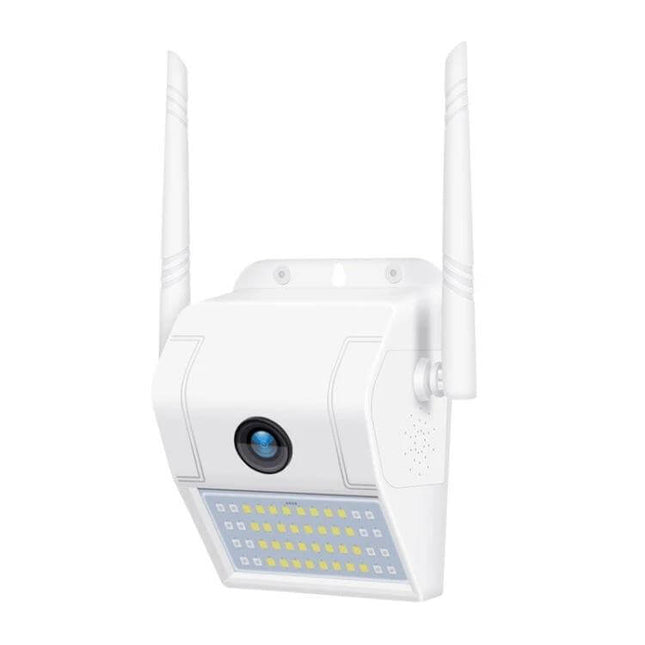 Wireless Waterproof IP Camera for Home Monitoring and Night Vision mounted outdoors with dual antennas and LED light panel