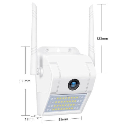 Wireless Waterproof IP Camera for Home Monitoring and Night Vision - white outdoor security camera with dual antennas, night vision LEDs and dimensions