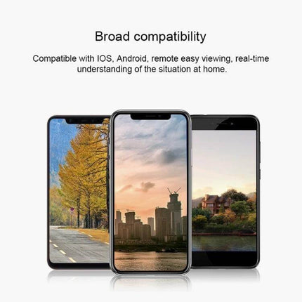 Wireless Waterproof IP Camera for Home Monitoring and Night Vision with broad mobile app compatibility shown on three smartphones