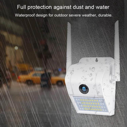 Wireless Waterproof IP Camera for Home Monitoring and Night Vision mounted outdoors in rain showing waterproof design and night vision lights