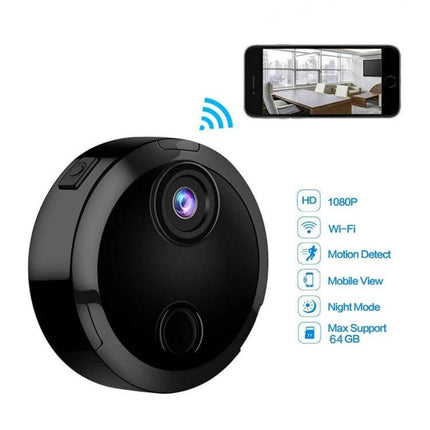 Compact HD WiFi Mini Camera for Home Surveillance with Night Vision — 1080P Wi‑Fi mini camera showing mobile live view, motion detect, night mode, TF card support