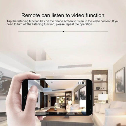Compact HD WiFi Mini Camera for Home Surveillance with Night Vision showing mobile app live view and TF card recording features