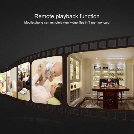 Compact HD WiFi Mini Camera for Home Surveillance with Night Vision showing remote playback feature and mobile app live view