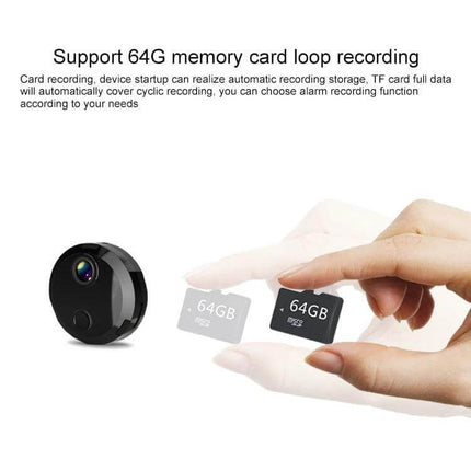Compact HD WiFi Mini Camera for Home Surveillance with Night Vision showing 64GB TF card loop recording feature and compact black camera