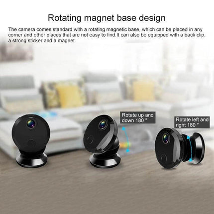 Compact HD WiFi Mini Camera for Home Surveillance with Night Vision showing rotating magnetic base and 180° tilt and swivel angles