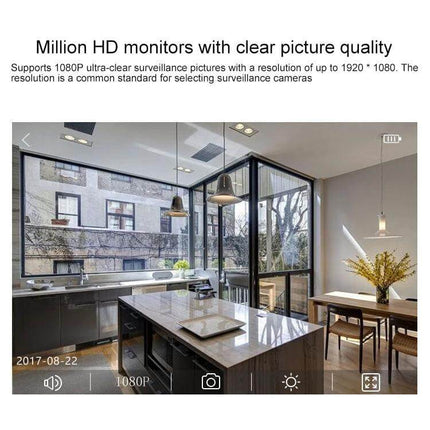 Compact HD WiFi Mini Camera for Home Surveillance with Night Vision showing 1080P kitchen live feed and night vision monitoring