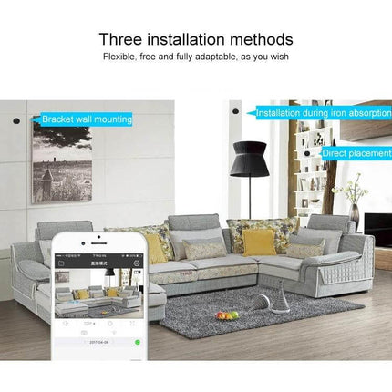 Compact HD WiFi Mini Camera for Home Surveillance with Night Vision monitoring living room via mobile app, three installation methods, 1080P night vision