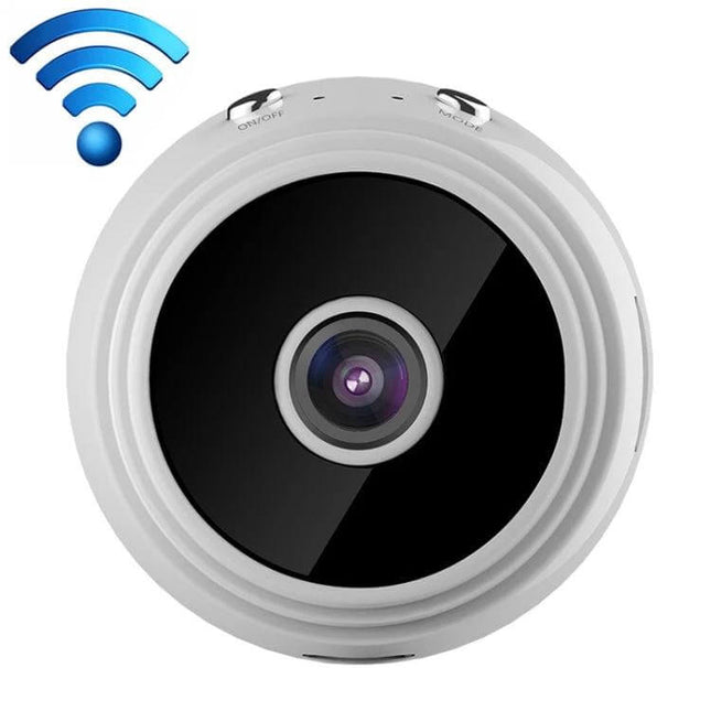Wireless Home Security Camera for Night Vision Monitoring white round wireless camera with IR lens and Wi‑Fi icon for home surveillance