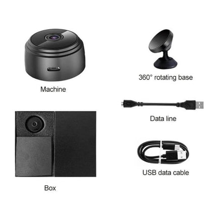 Wireless Home Security Camera for Night Vision Monitoring compact camera with 360° rotating base, USB data cable and simple setup for home monitoring
