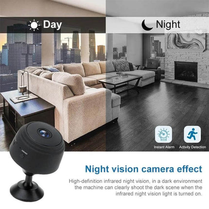 Wireless Home Security Camera for Night Vision Monitoring - compact indoor night vision camera showing day and night views