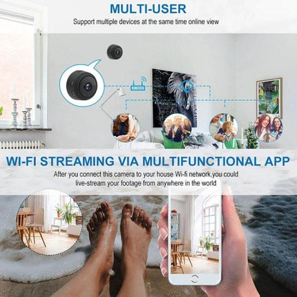 Wireless Home Security Camera for Night Vision Monitoring showing Wi-Fi streaming to smartphone and multi-user remote viewing in living room