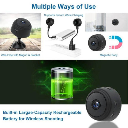 Wireless Home Security Camera for Night Vision Monitoring showing magnetic mount, USB charging, and built-in rechargeable battery