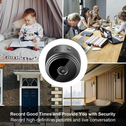 Wireless Home Security Camera for Night Vision Monitoring showing camera and scenes of child, office, front door and living room surveillance