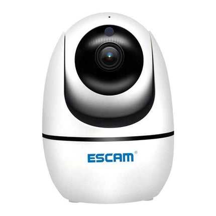 ESCAM Wireless Security Camera for Indoor Monitoring — white WiFi indoor camera with pan/tilt lens, app remote access and motion alerts