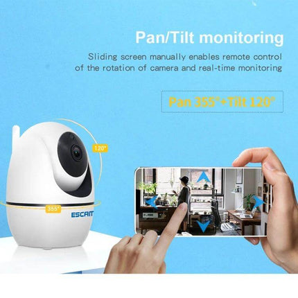 ESCAM Wireless Security Camera for Indoor Monitoring showing pan-tilt control via smartphone app (Pan 355° Tilt 120°)