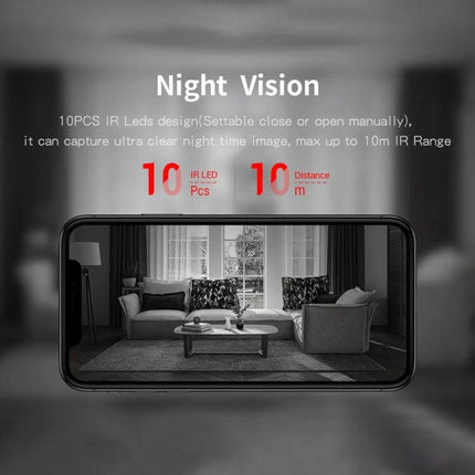 ESCAM Wireless Security Camera for Indoor Monitoring showing night vision feature with 10 IR LEDs and 10m IR range viewing a living room on smartphone