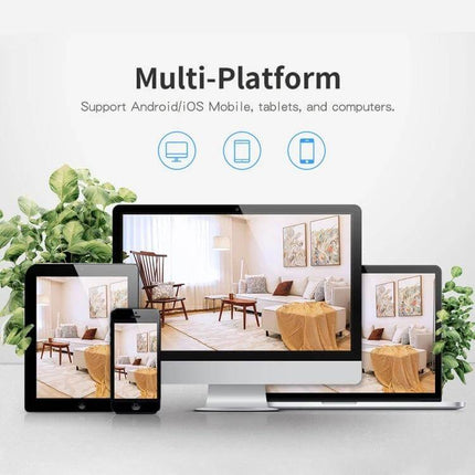 ESCAM Wireless Security Camera for Indoor Monitoring showing multi-platform app view on smartphone, tablet, laptop and desktop displaying a living room
