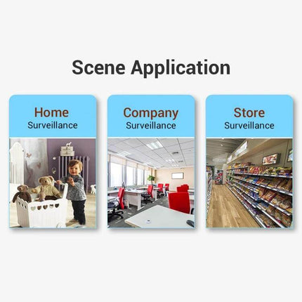 ESCAM Wireless Security Camera for Indoor Monitoring showing home, company, and store surveillance application