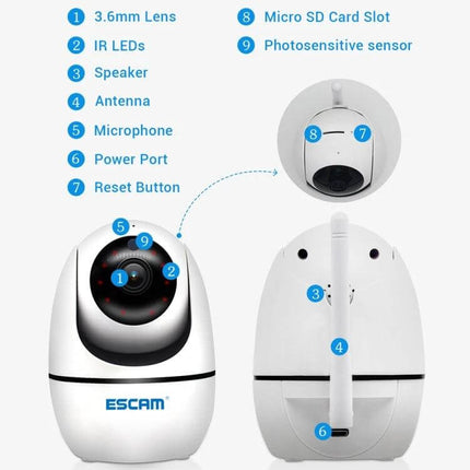 ESCAM Wireless Security Camera for Indoor Monitoring white dome camera showing 3.6mm lens, IR LEDs, speaker, antenna, microphone, power port, reset button, micro SD slot