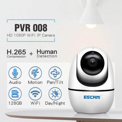 ESCAM Wireless Security Camera for Indoor Monitoring - white 1080P WiFi PTZ camera with human detection, motion alerts, two-way audio and night vision