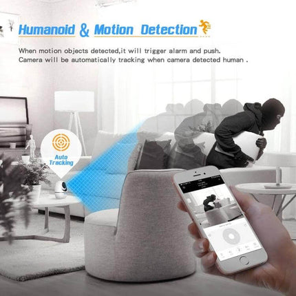 ESCAM Wireless Security Camera for Indoor Monitoring showing app alert, auto-tracking and humanoid motion detection capturing intruder