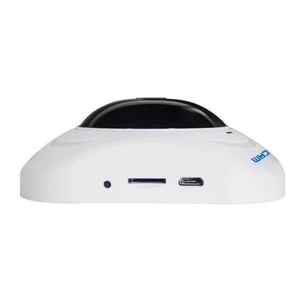 ESCAM Q8 360-Degree WiFi IP Camera for Home Security white dome unit with 360-degree lens, microSD and micro USB ports