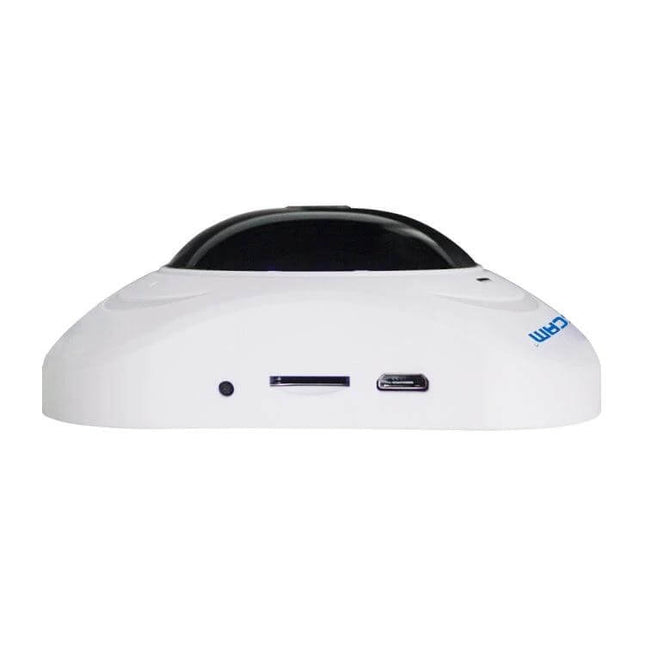 ESCAM Q8 360-Degree WiFi IP Camera for Home Security white dome unit with 360-degree lens, microSD and micro USB ports